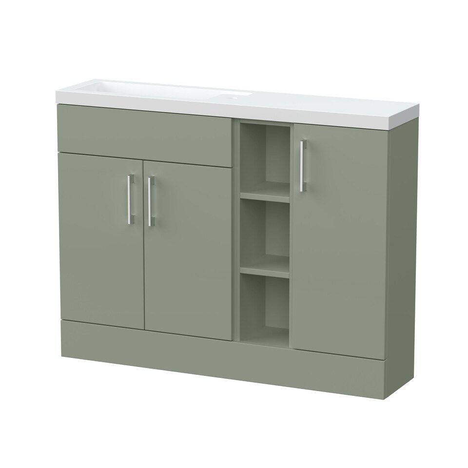 image 1 of Balterley Wichnor Contemporary Floor Standing Compact 3 Door Combination Vanity Basin Unit with Open Shelves and Polymarble Basin, 1100mm, Fern Green