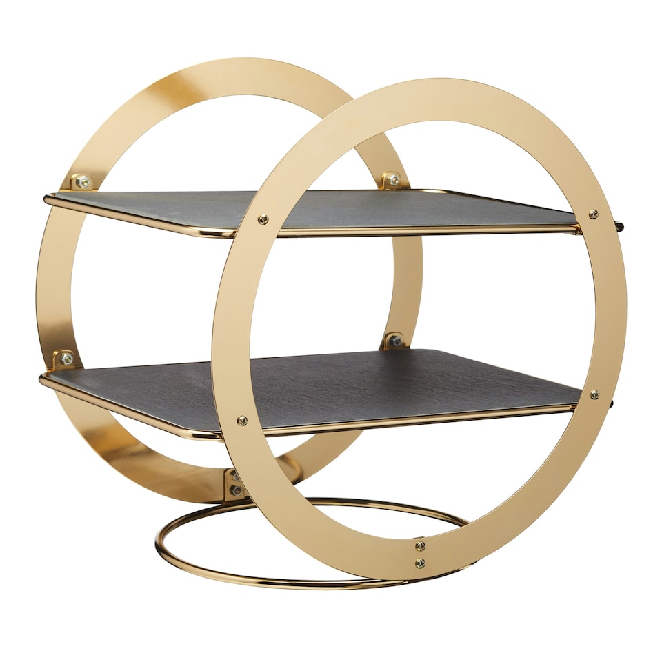 image 1 of 2pc Serveware Set with Serving Cloche with Slate Base and 2-Tier Brass Cake Stand with Round Slate Serving Platters Clear