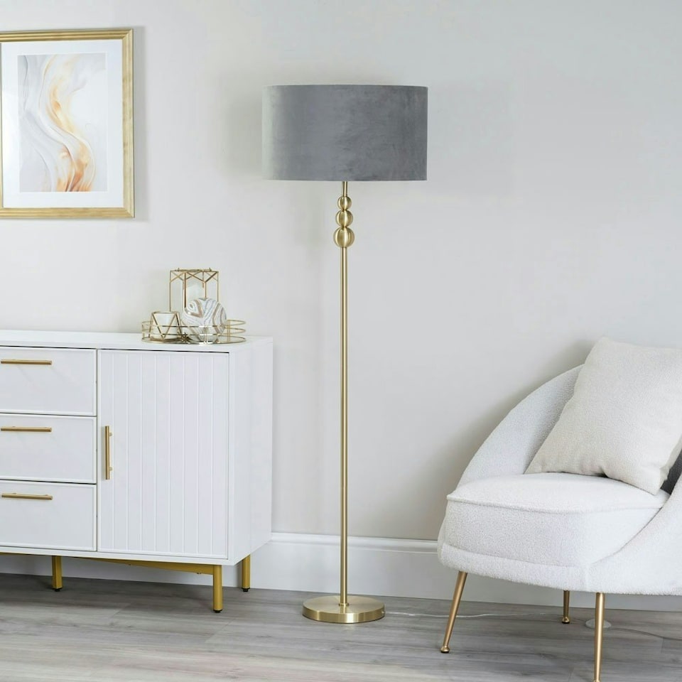 image 1 of ValueLights Marissa Grey Velvet Shade with Brushed Gold Stacked Ball Floor Lamp