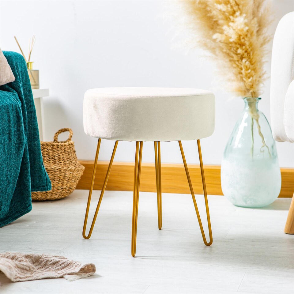 image 1 of Harbour Housewares Round Velvet Footstool - H40 x D35cm - Cream/Gold | Cream | Cream/Gold