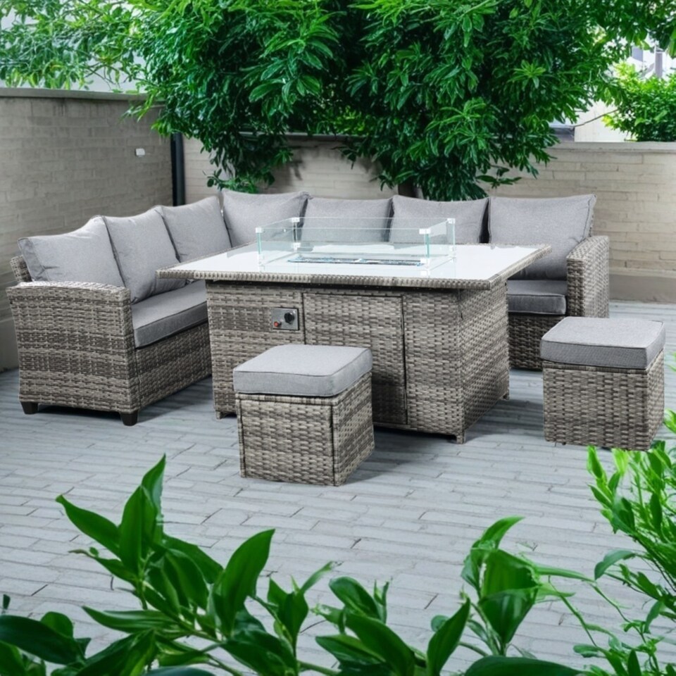 image 1 of The Conwy 8 Seat Corner Gas Firepit Rattan Dining Set - Dark Grey