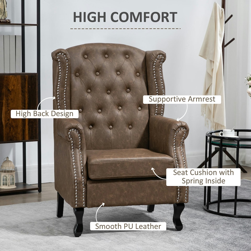 image 1 of HOMCOM Chesterfield-style Wing Back Armchair Tufted Accent Chair Brown