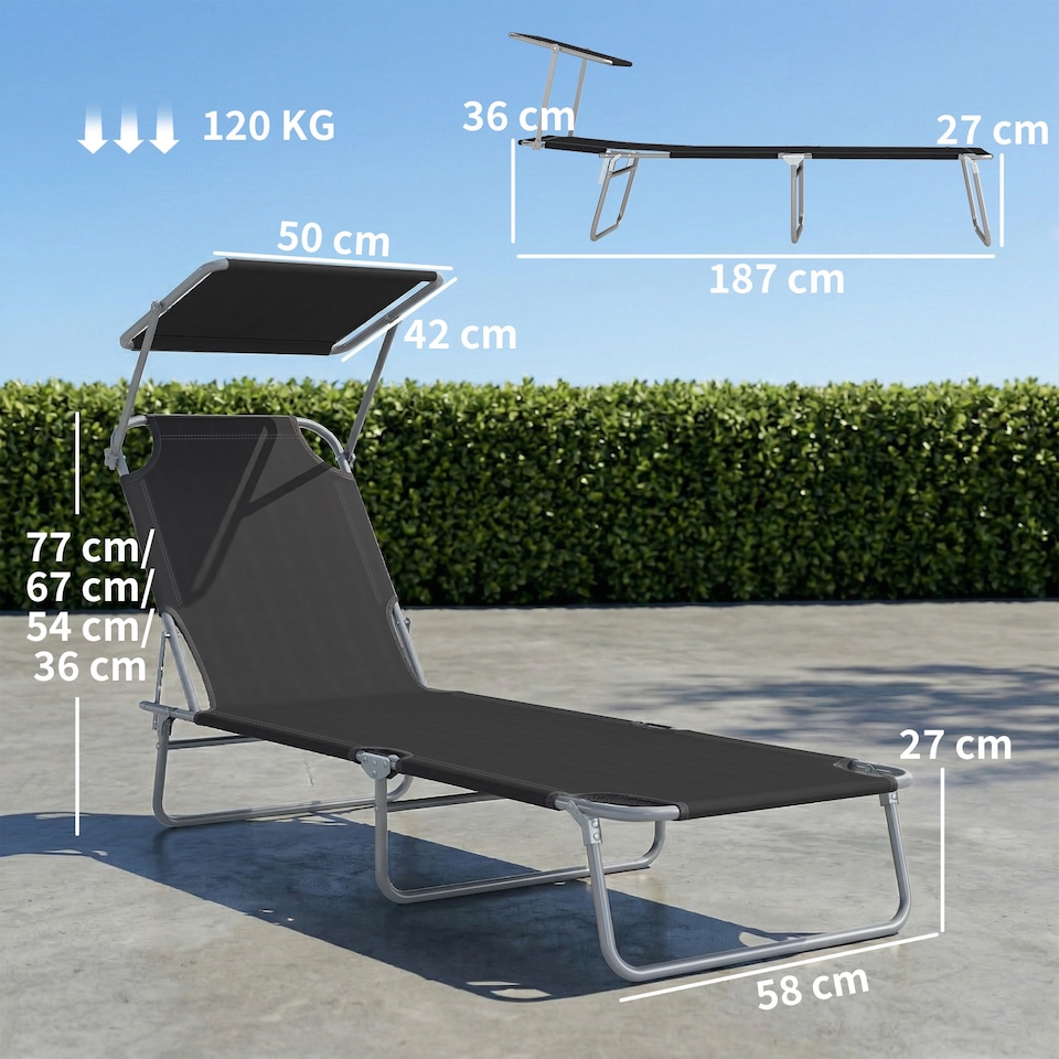 image 1 of Outsunny Folding Sun Lounger with Canopy, Reclining Sunbed with 4-Position Adjustable Backrest, 600D Oxford Cloth, Portable Garden Lounger Recliner Chair for Beach, Camping, Patio, Black