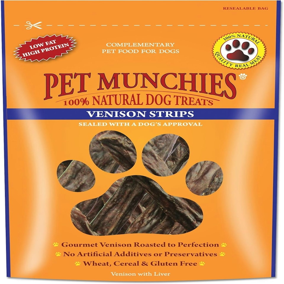 image 1 of Pet Munchies Venison Strips Dog Treats, Premium Wheat Free Dog Chews with Natural Real Meat, Low in Fat and High in Protein 75g (Pack of 8)