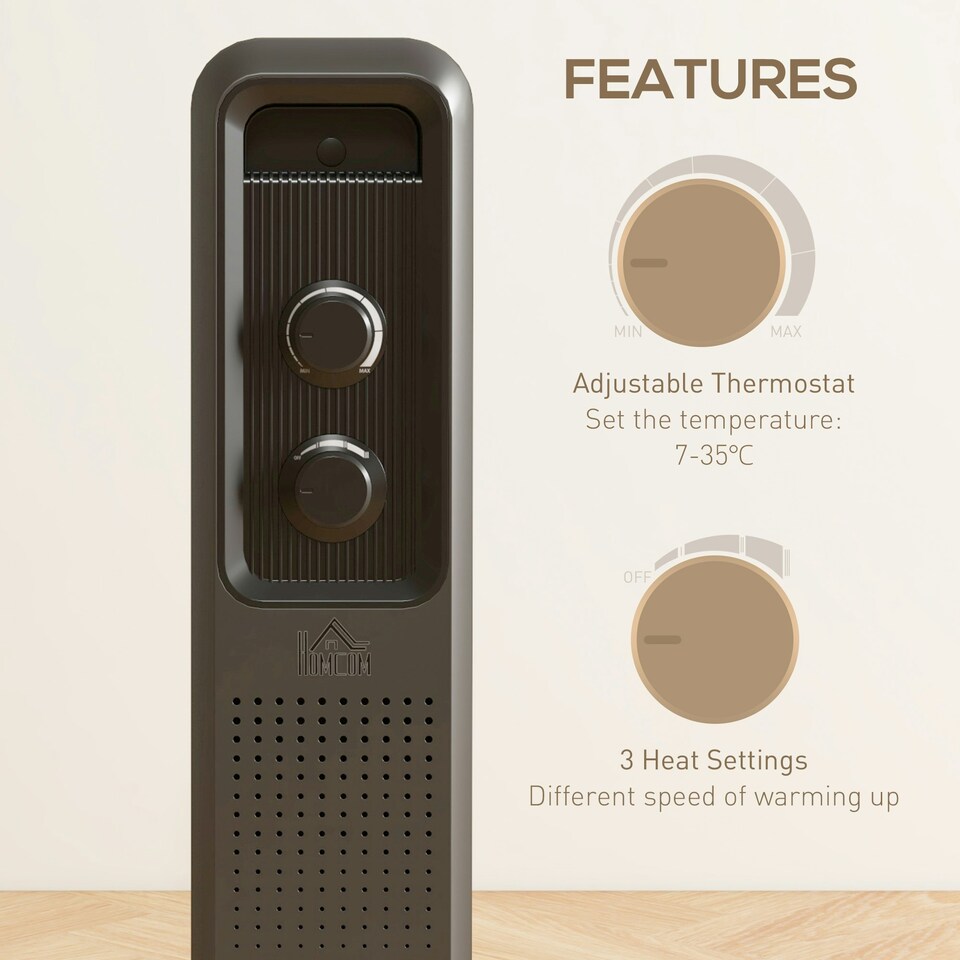 image 1 of HOMCOM Oil Filled Radiator Portable Heater W/ 11 Fin, 3 Heat Settings, Grey