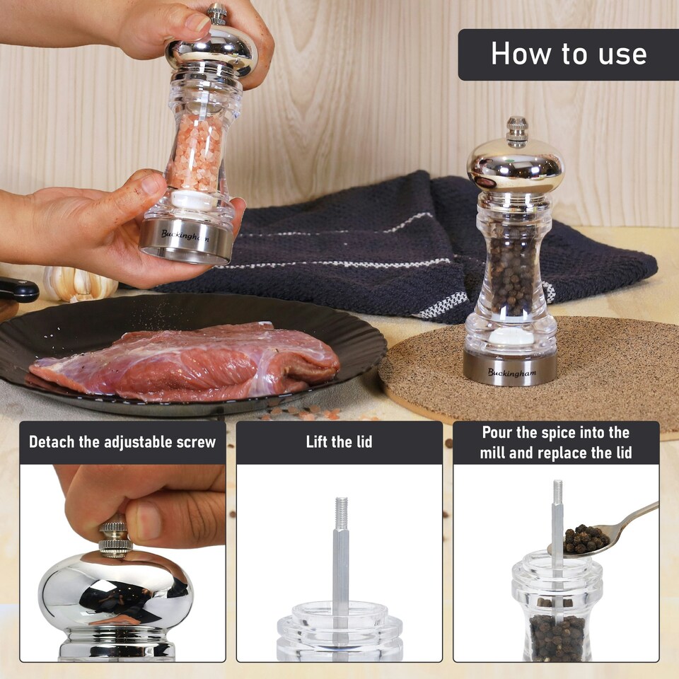image 1 of Buckingham Clear Acrylic Classic Salt & Pepper Mill Set with Stainless Steel Band