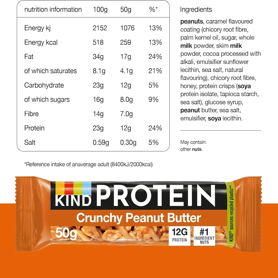 image 1 of KIND Protein Bars, Gluten Free Snack Bars, Crunchy Peanut Butter, High Fibre, Source of Protein, No Artificial Colours, Flavours or Preservatives, 24 x 50g