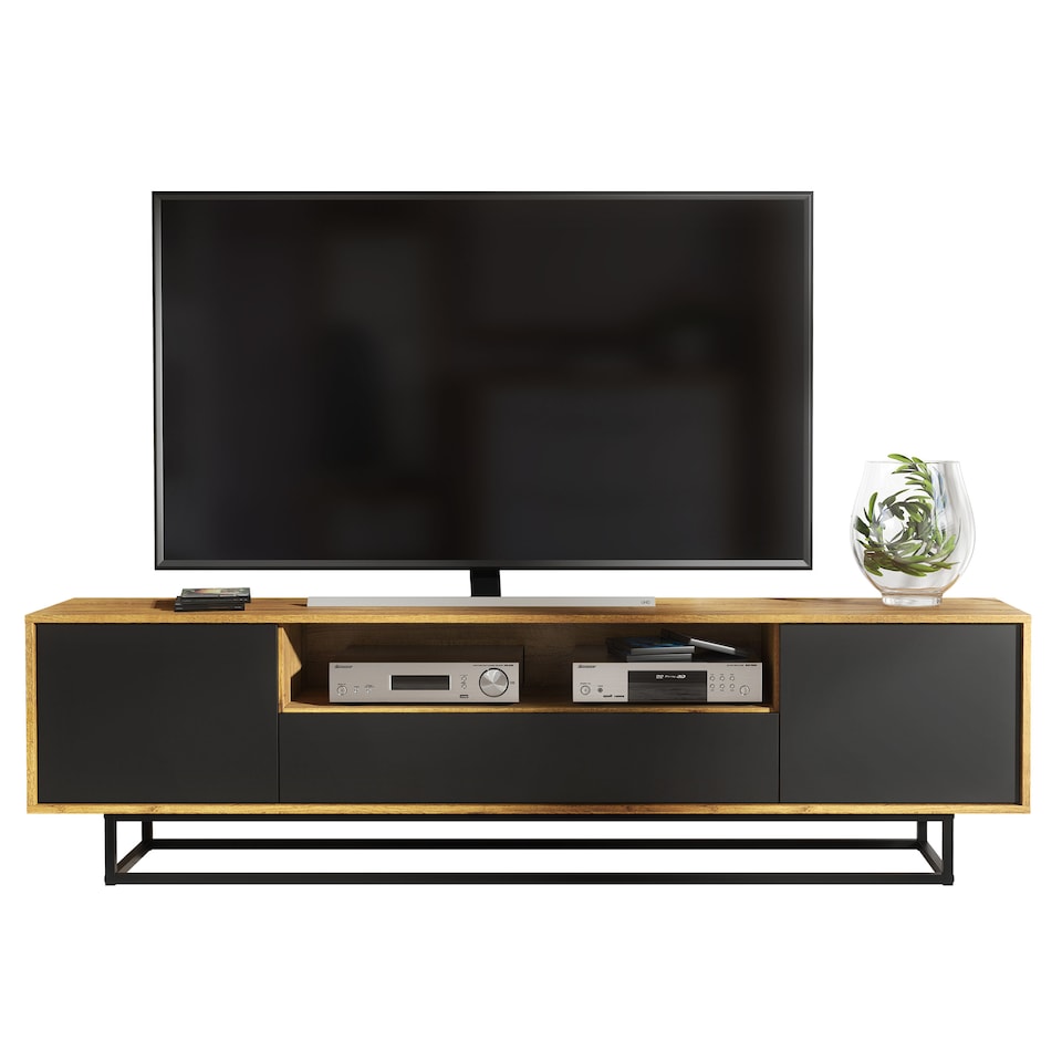 image 1 of TV Unit Sideboard Cabinet Storage Cabinet Oak Black Matt Media Console Stand 200cm