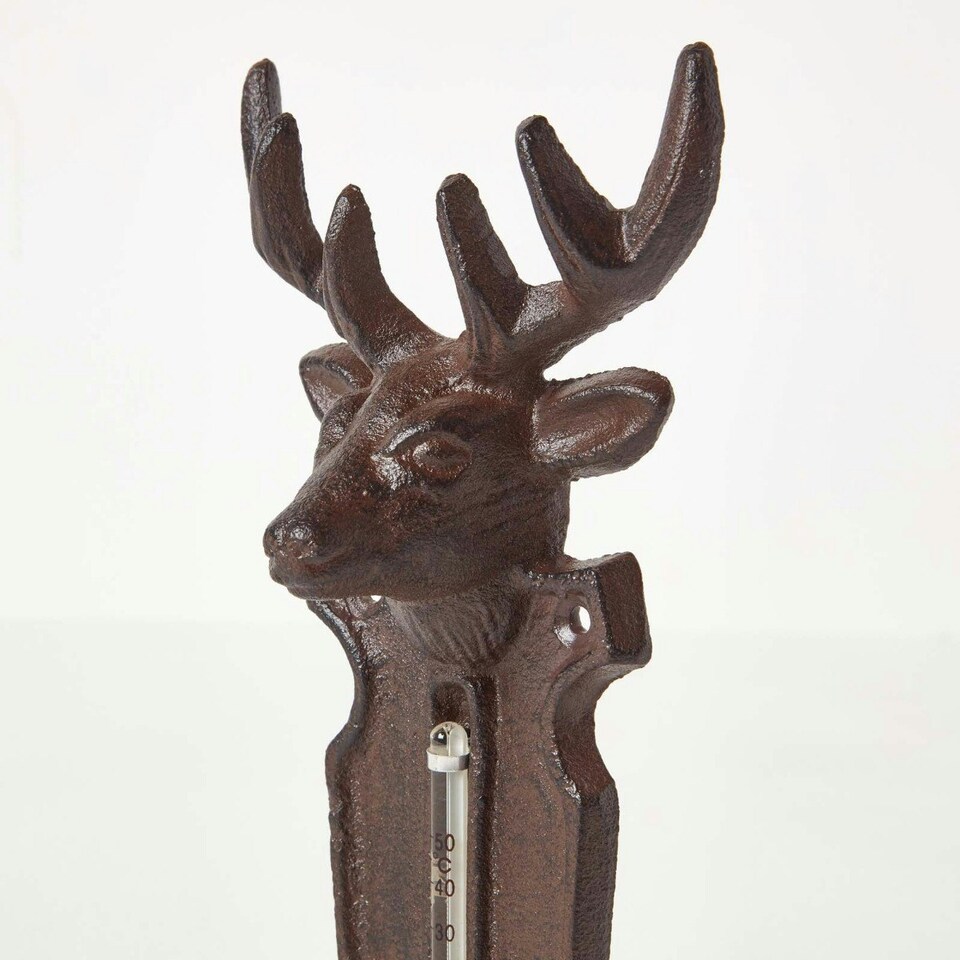 image 1 of Homescapes Brown Wall Mounted Cast Iron Stag Garden Thermometer