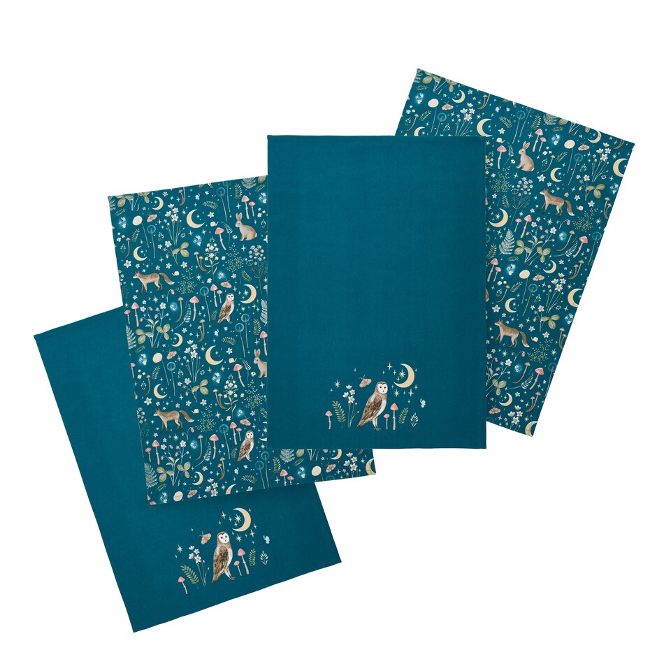 image 1 of Catherine Lansfield Enchanted Twilight Animals Cotton Kitchen Tea Towel 4 Pack