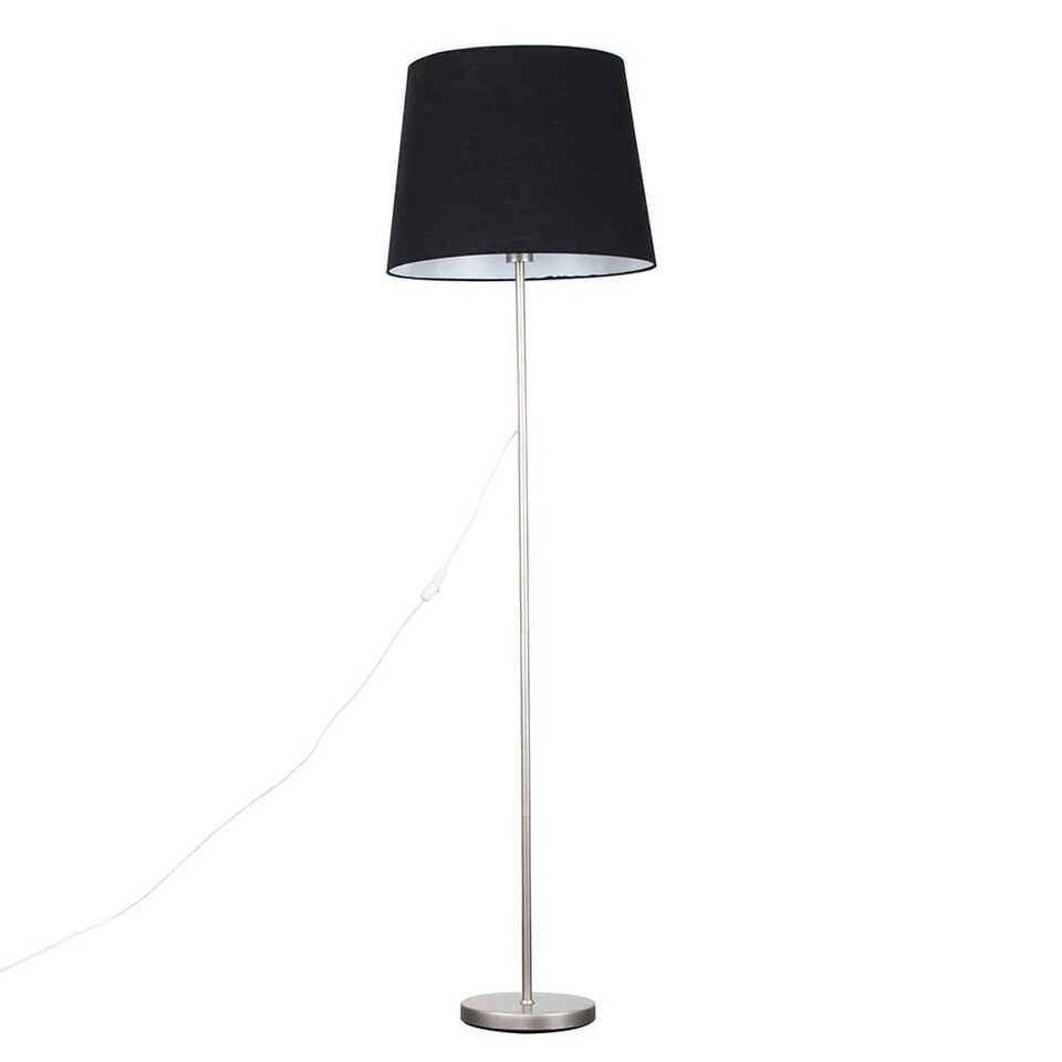 image 1 of ValueLights Charlie Brushed Chrome Floor Lamp Black Taper Shade and Bulb