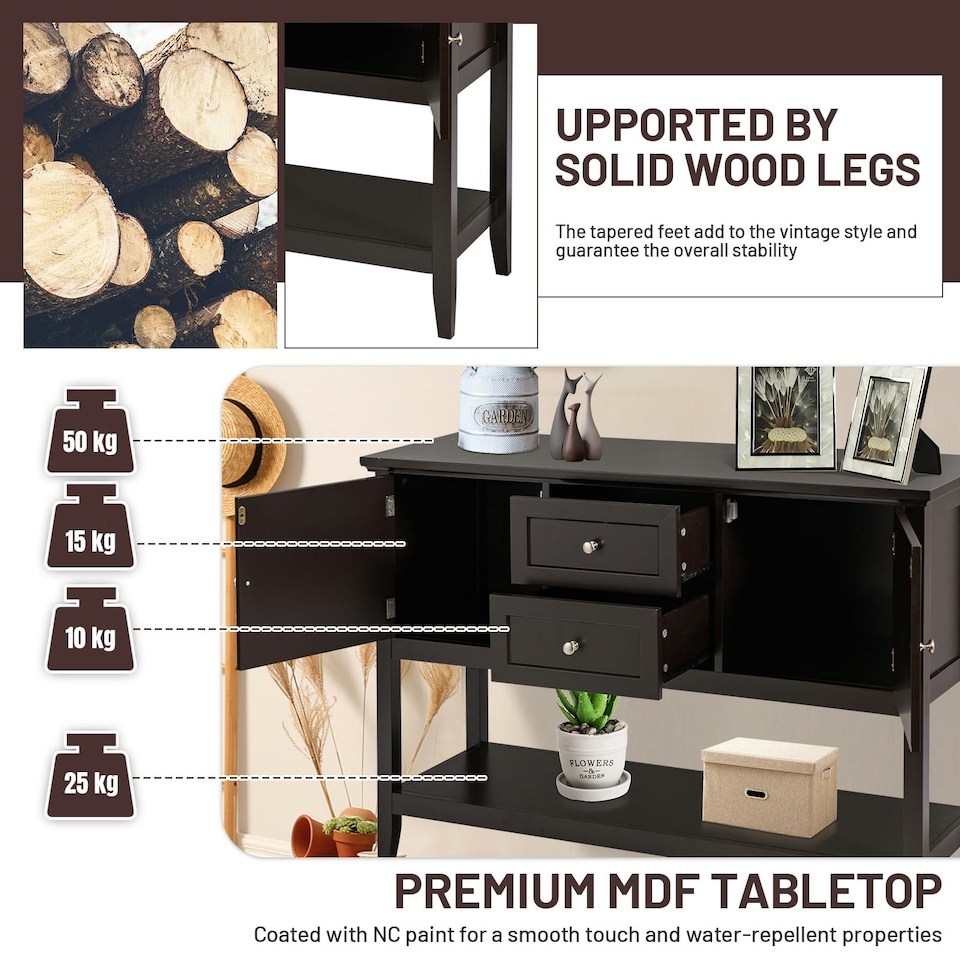 image 1 of COSTWAY Sideboard Storage Cabinet Narrow Console Table Brown
