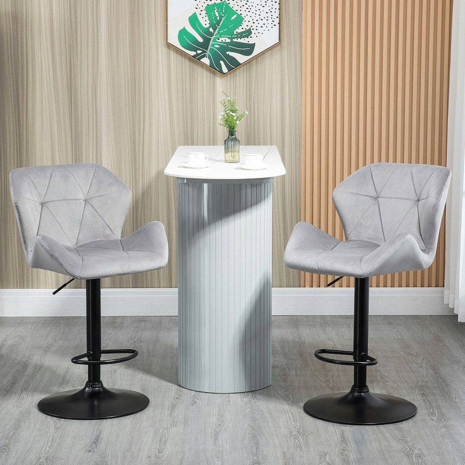 image 1 of HOMCOM Set Of 2 Luxurious Velvet-Touch Bar Stools Metal Frame Footrest Grey
