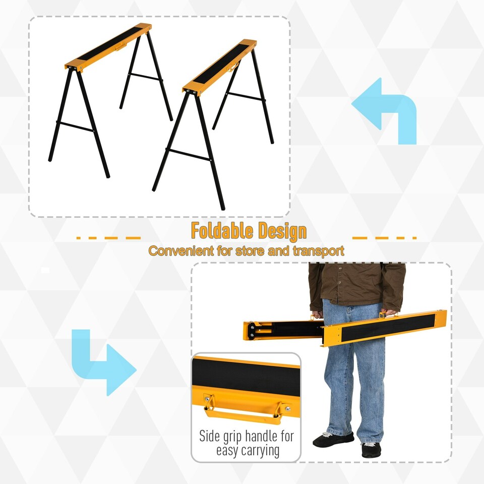 image 1 of HOMCOM Set Of 2 Folding Saw Horses Steel Frame w/ Anti-Slip Platform Handle DIY