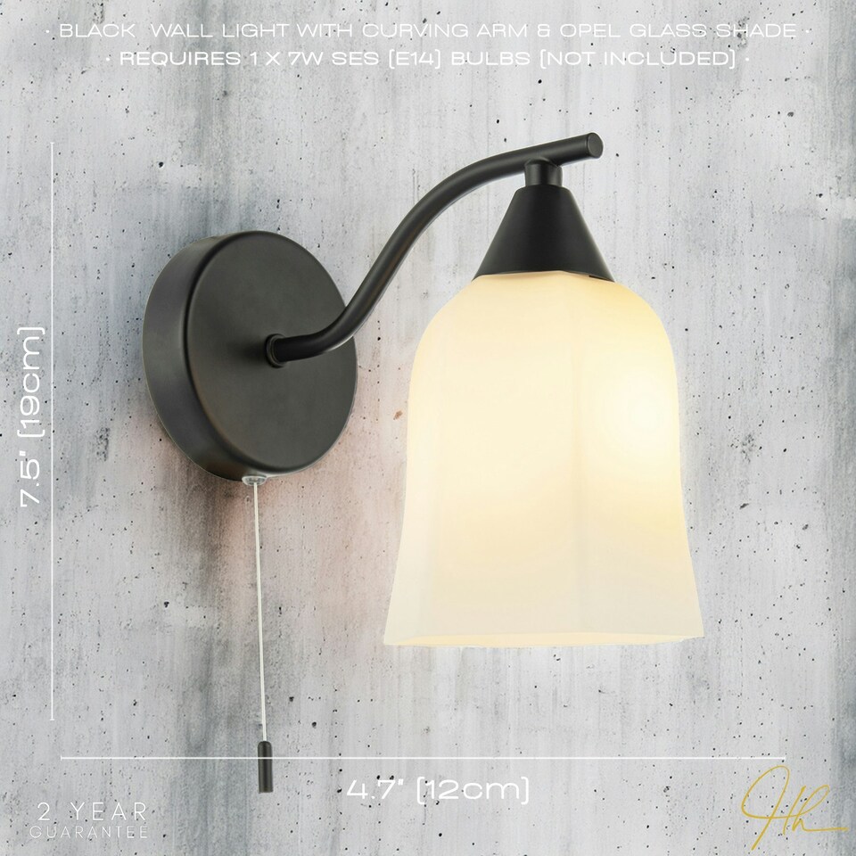 image 1 of Traditional Switched Downlight Wall Light in Matte Black with Opal Glass Shade