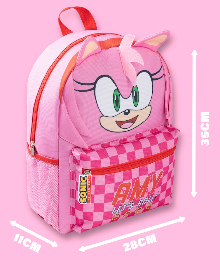 image 1 of Sonic the Hedgehog Kids Pink 3D Amy the Hedgehog Backpack - Character School Bag with 'Amy Let's Roll' Text - Zip Closure - Carry Bag for Books & Lunch Boxes - Sonic Merch Rucksack | Pink | Pink