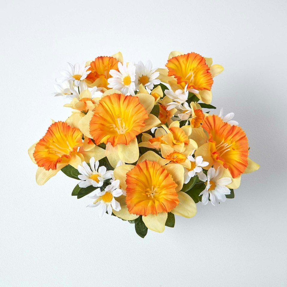 image 1 of Homescapes Set of 2 Yellow & Orange Narcissus & Daisy Artificial Flowers in Grave Vases