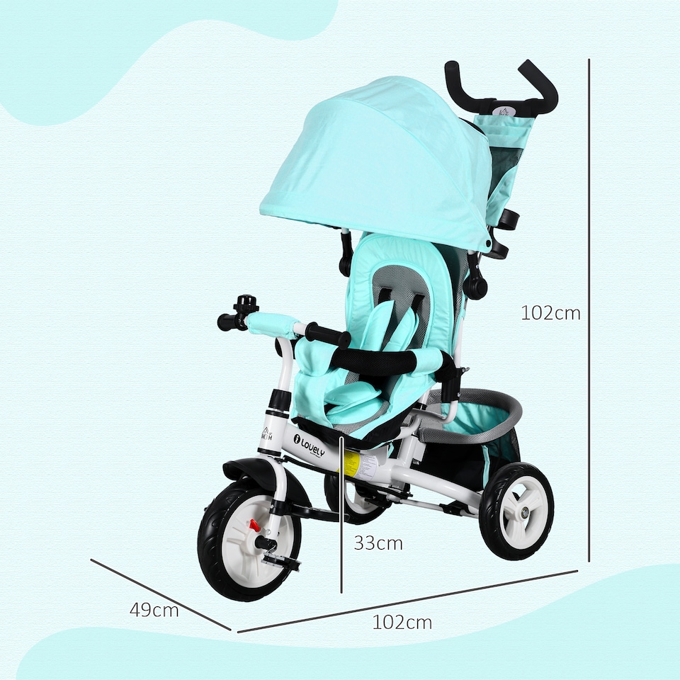 image 1 of HOMCOM 6 in 1 Trike, Kids Tricycle, Pedal Push Bike with Push Handle, Removable Canopy, 5-point Safety Belt, Storage, Cushion, Footrest, Brake, for 1-5 Years Toddler, Green