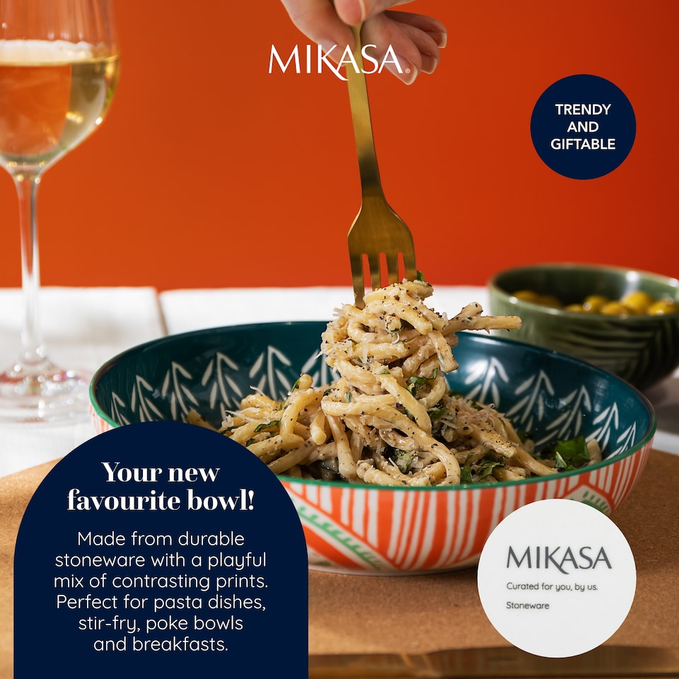 image 1 of Mikasa Set of 4 Folk Pattern 2 Toned Stoneware Pasta Bowls