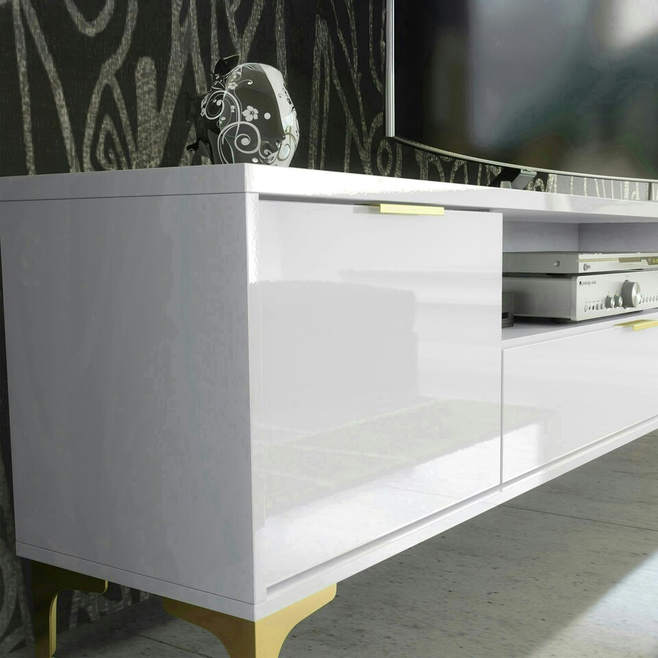 image 1 of TV Unit 200cm White High Gloss Doors with Gold Legs and Drawer White