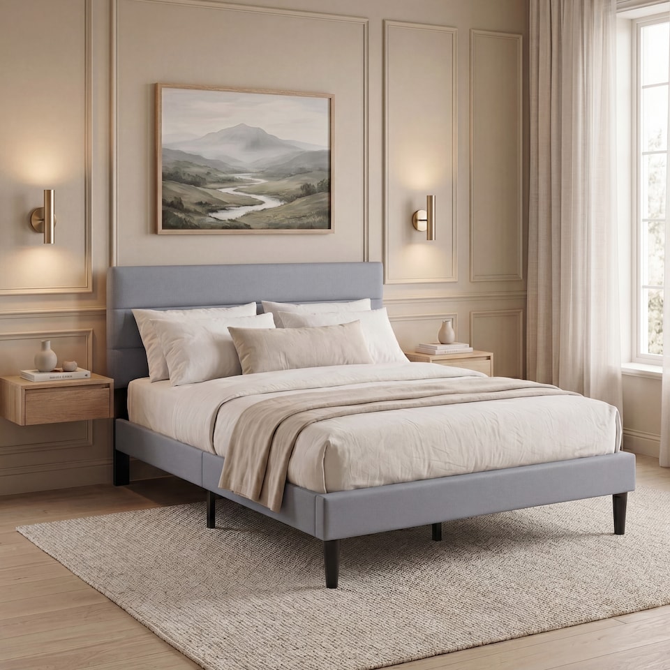 image 1 of Vida Designs Vandura Light Grey Linen Fabric Bed Frame with Headboard - Double