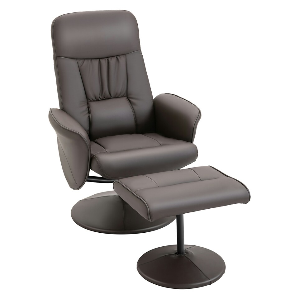 image 1 of HOMCOM PU Leather 2 Pcs Reclining Armchair w/ Ottoman 360° Swivel Brown