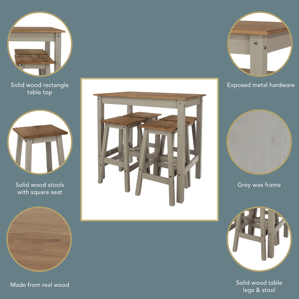 image 1 of Premium Corona Linea Breakfast Dining Set with Table and 4 High Stools - Grey Waxed Pine | Grey | Grey | 1
