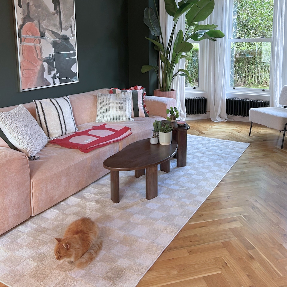 image 1 of KUKOON Retro Checkerboard Plush Pile Cream Beige Living Room Area Rug 240cm x 330cm
