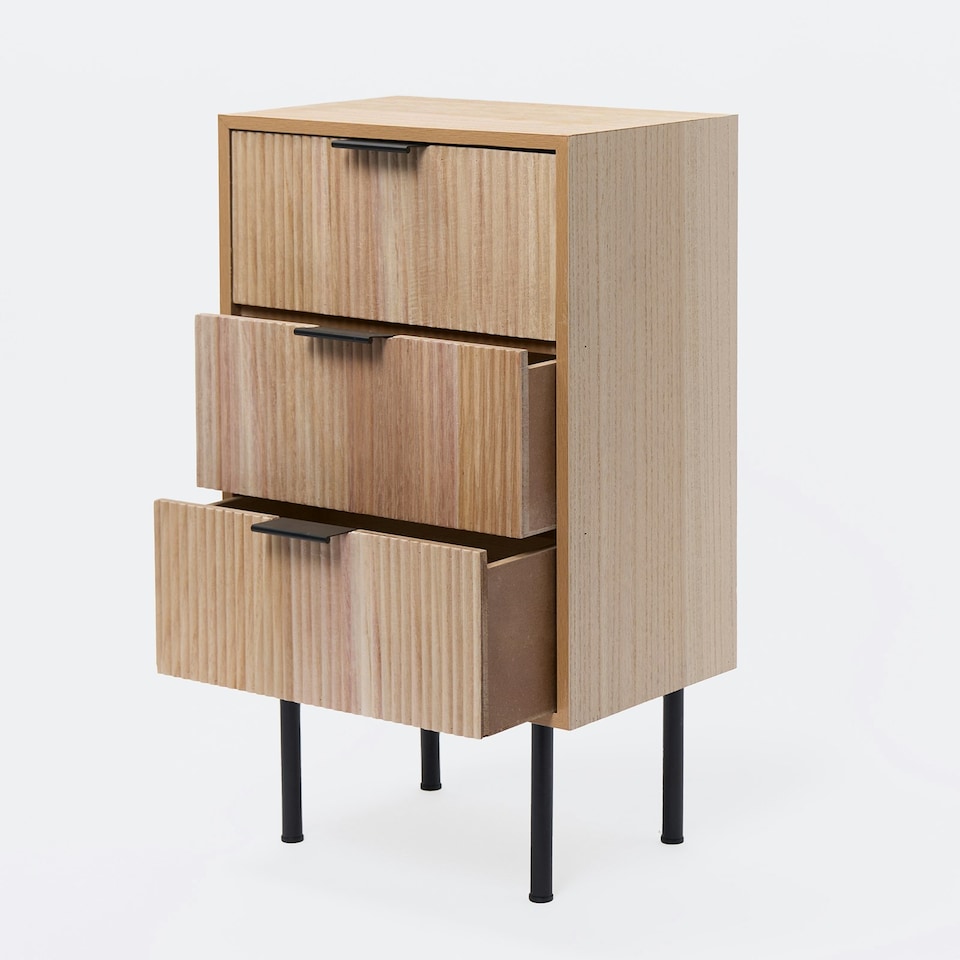 image 1 of OHS 3 Drawer Modern Ribbed Office Side Bedroom Nightstand Bedside Table Brown | Natural Wood