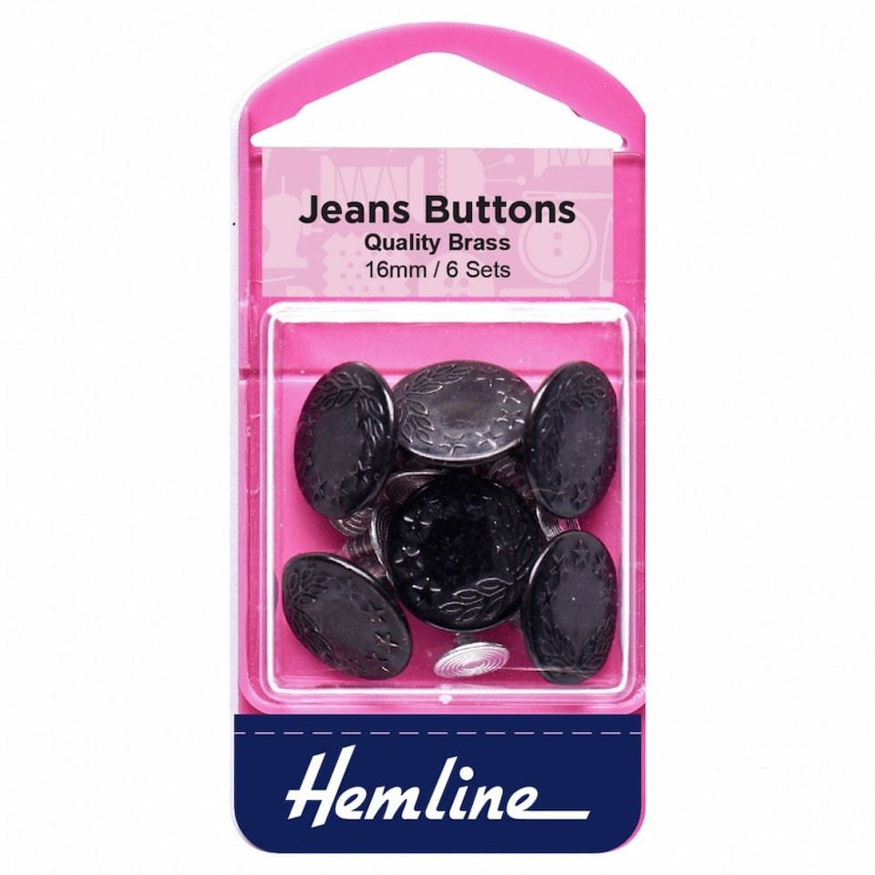 Hemline Black 16mm Jeans Buttons for Dressmaking - per pack of 6