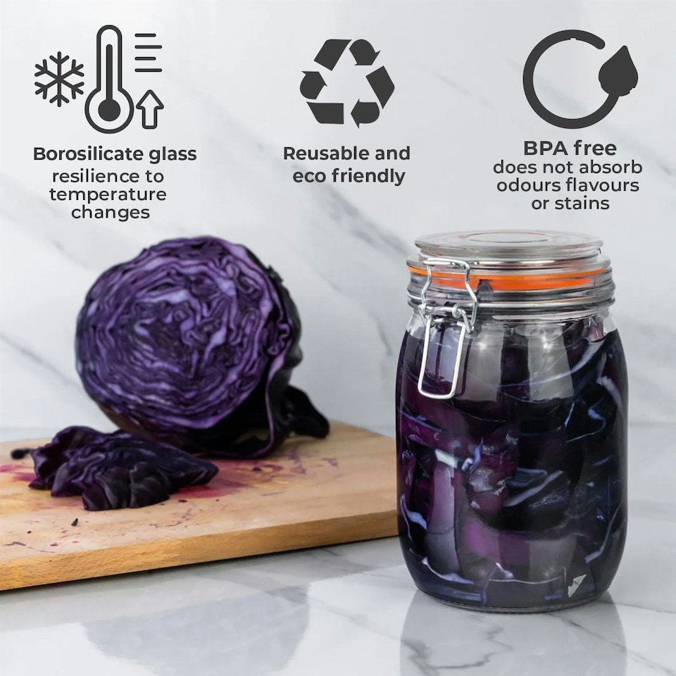 image 1 of 1L Pack of 3 Canisters Glass Storage Jars with Airtight Silicone Seal Metal Clip Top Lids