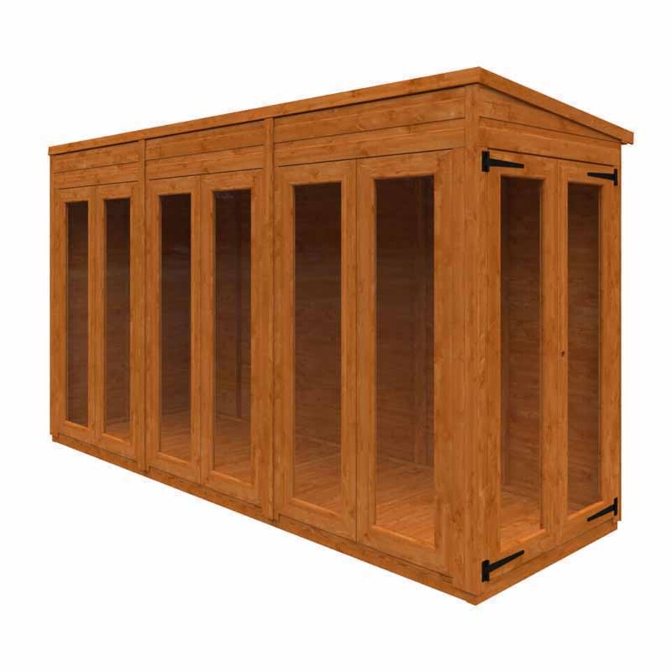 image 1 of 12x4 Flex Pent Full Pane Summerhouse 12mm Flex - L353.8 x W115 x H203 cm - Solid Wood/Softwood/Pine - Burnt Orange