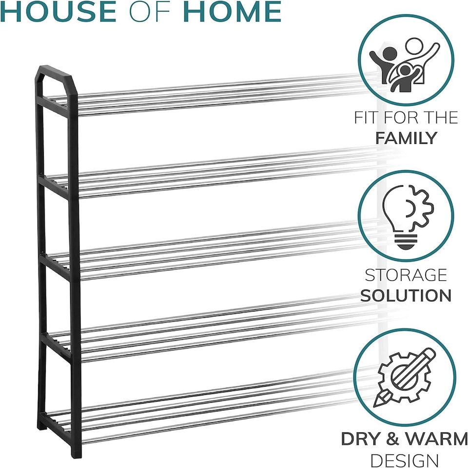 image 1 of House of Home 5 Tier Shoe Rack Freestanding Metal Rail Stand 15-20 Pairs | Black