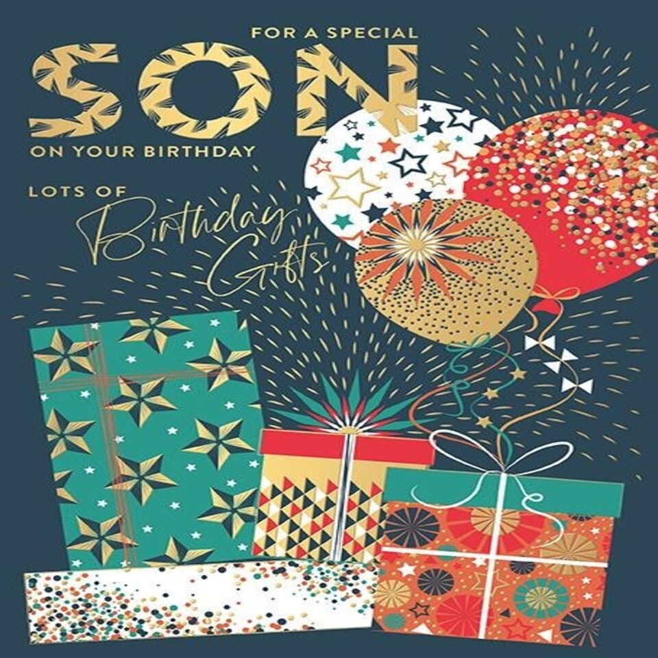 Words 'n' Wishes Special Son Birthday Card, Wrapped Gifts and Balloons with Embossed Foil Finish