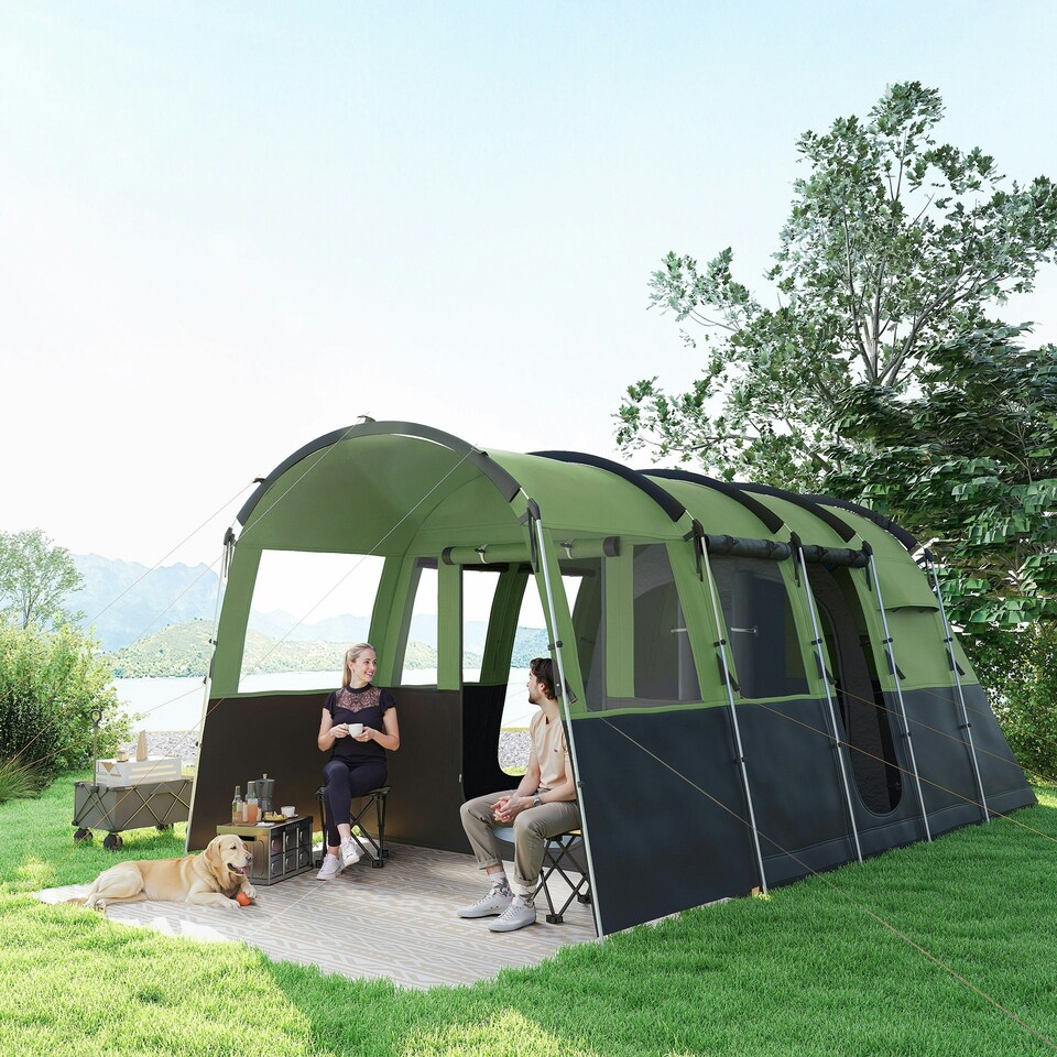 image 1 of Outsunny 8-Person Camping Tent Tunnel Design with 4 Large Windows | Green | Green