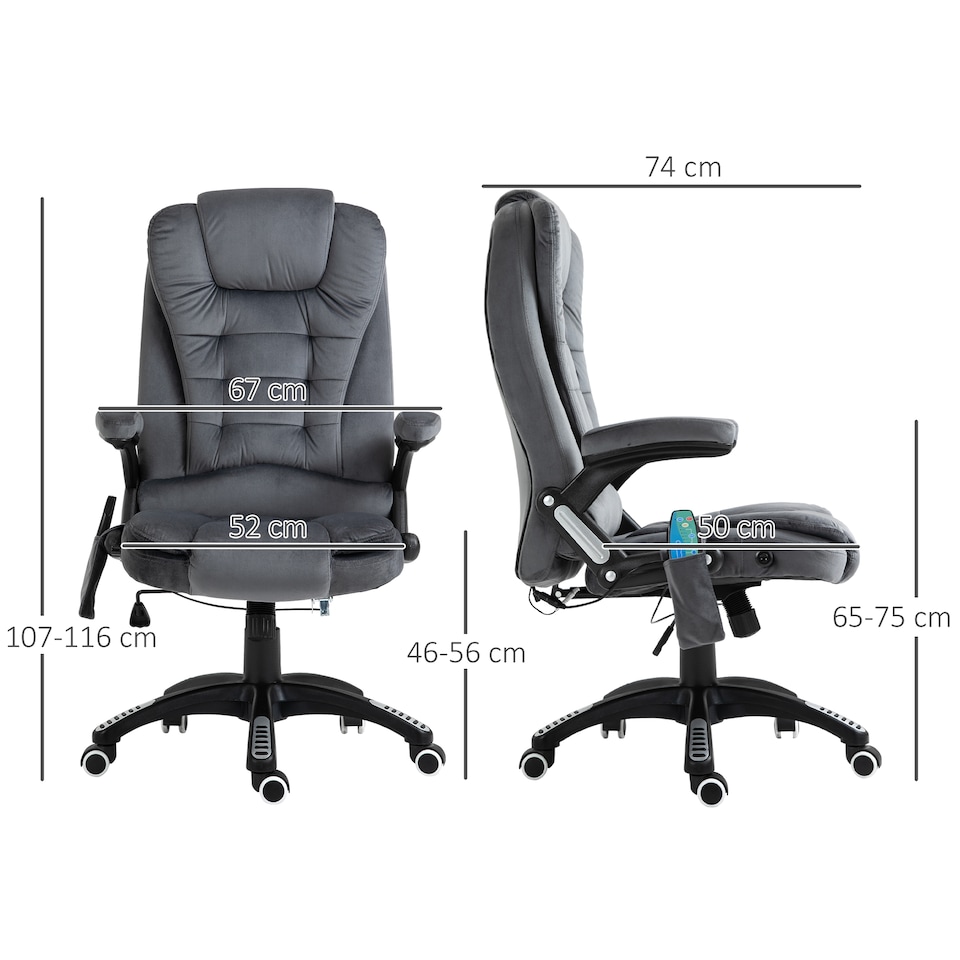 image 1 of Vinsetto Office Chair, Desk Chair with 6-Point Massage and Back Heated, Velvet-Feel Fabric Computer Chair with Arms, Lumbar Support, Gray