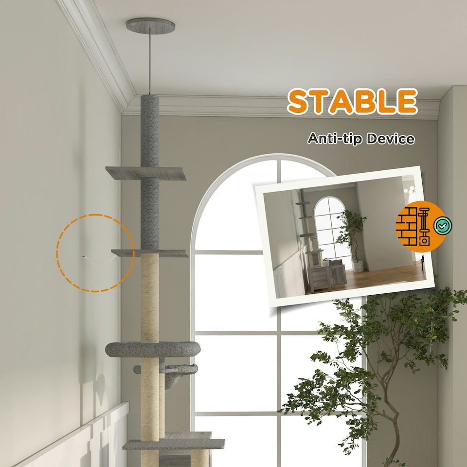 image 1 of PawHut 2-in-1 Hidden Litter Box with Floor-To-Ceiling Cat Tree, Indoor - Grey