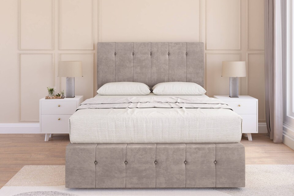 image 1 of Sloomy Cambridge Pebble Plush Divan Bed Base 2 Drawers Right Side With 26 Inch Strutted Headboard & 12 Inch Matching Footboard | Brown | Pebble | Super King | 1