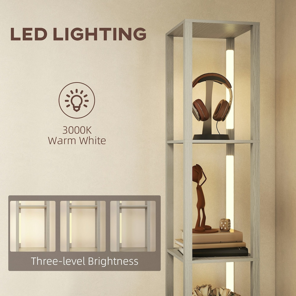 image 1 of HOMCOM Floor Lamp with Shelves, LED Standing Lamp with Fabric Drawer, Oak | Brown | Beige | 43.5L x 26.5W x 169H cm