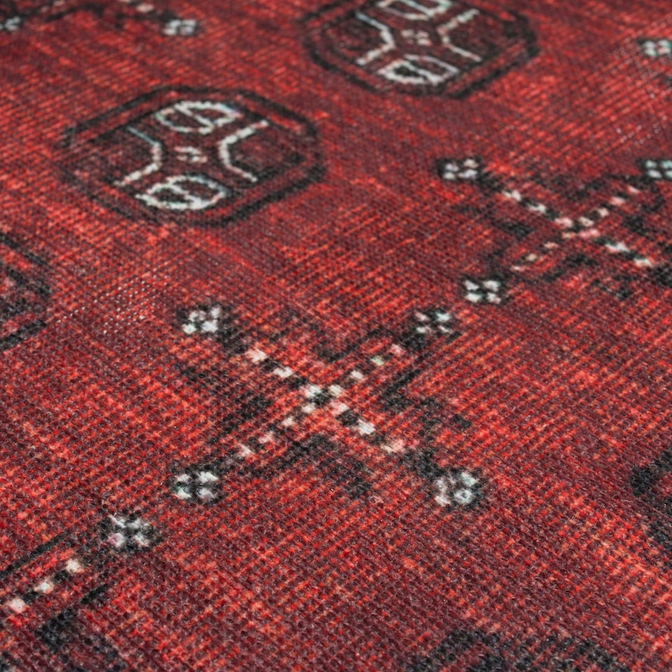 image 1 of KUKOON Distressed Red Traditional Persian Non Slip Washable Low Pile Rug 60cm x 110cm Red