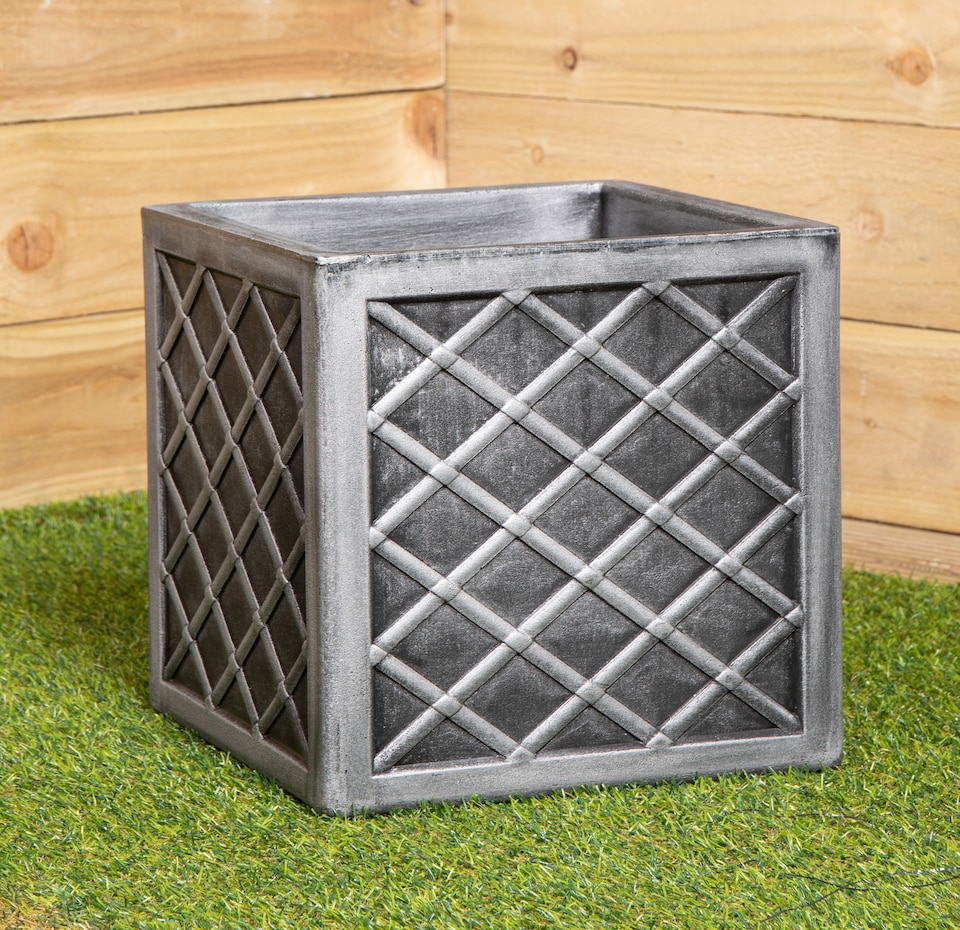 image 1 of 30cm Small Square Plastic Pewter Effect Grey Garden Patio Planter
