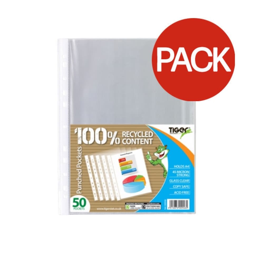 Tiger Stationery A4 Punched Pockets (Pack of 50) - Clear - One Size