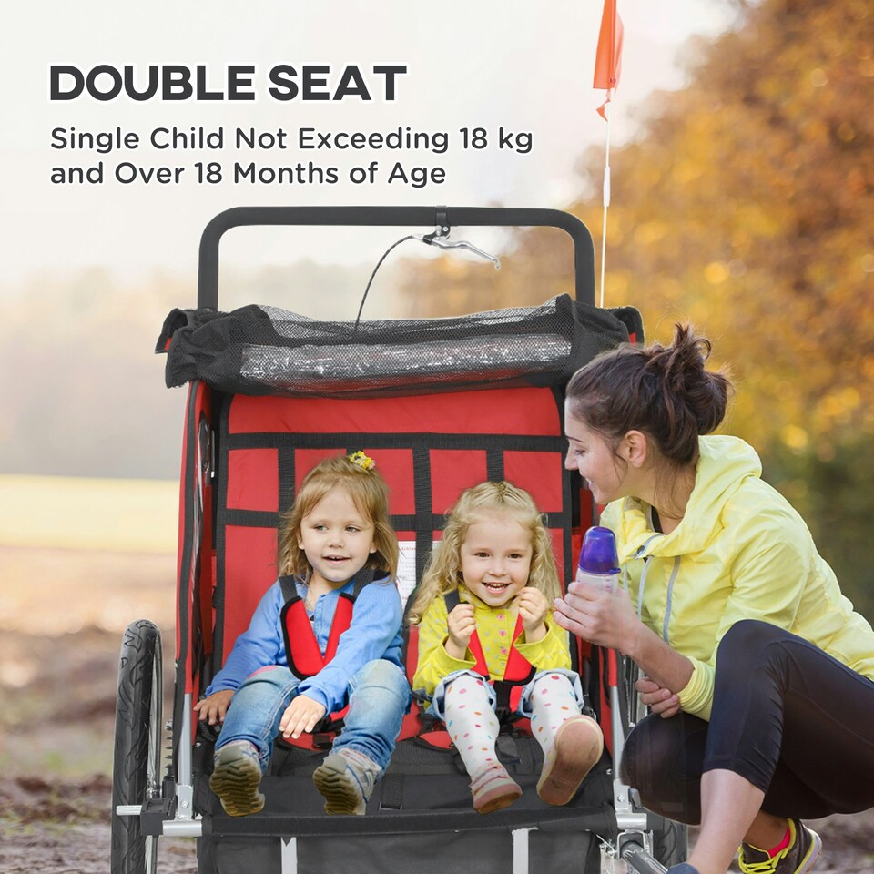 image 1 of HOMCOM 2 Seat Bike Trailer with 5 Point Harness, for 18+ Months, Red