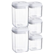 Argon Tableware 5pc Food Storage Containers Set - White Airtight Plastic Storage Pantry Food Organiser with Flip Lock Lid 2 Sizes