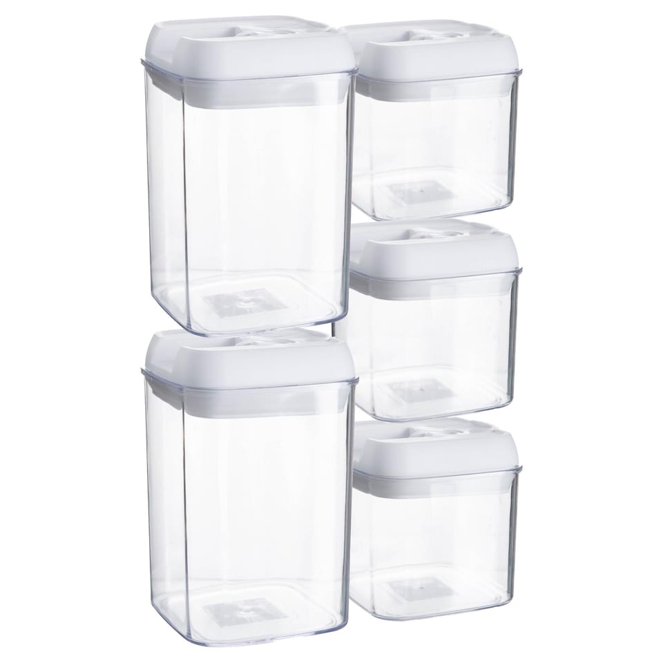 image 1 of Argon Tableware 5pc Food Storage Containers Set - White Airtight Plastic Storage Pantry Food Organiser with Flip Lock Lid 2 Sizes