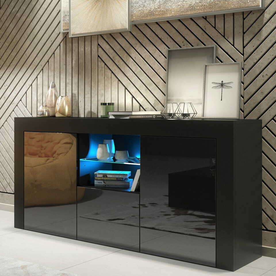 image 1 of Black TV Unit 145cm Gloss Doors Free LED Modern Media Cabinet Black