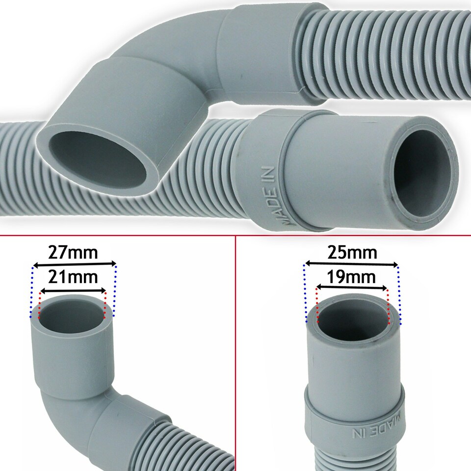 image 1 of SPARES2GO Universal Drain Hose with Right Angle End for Dishwashers (2.5m, 19mm / 21mm)