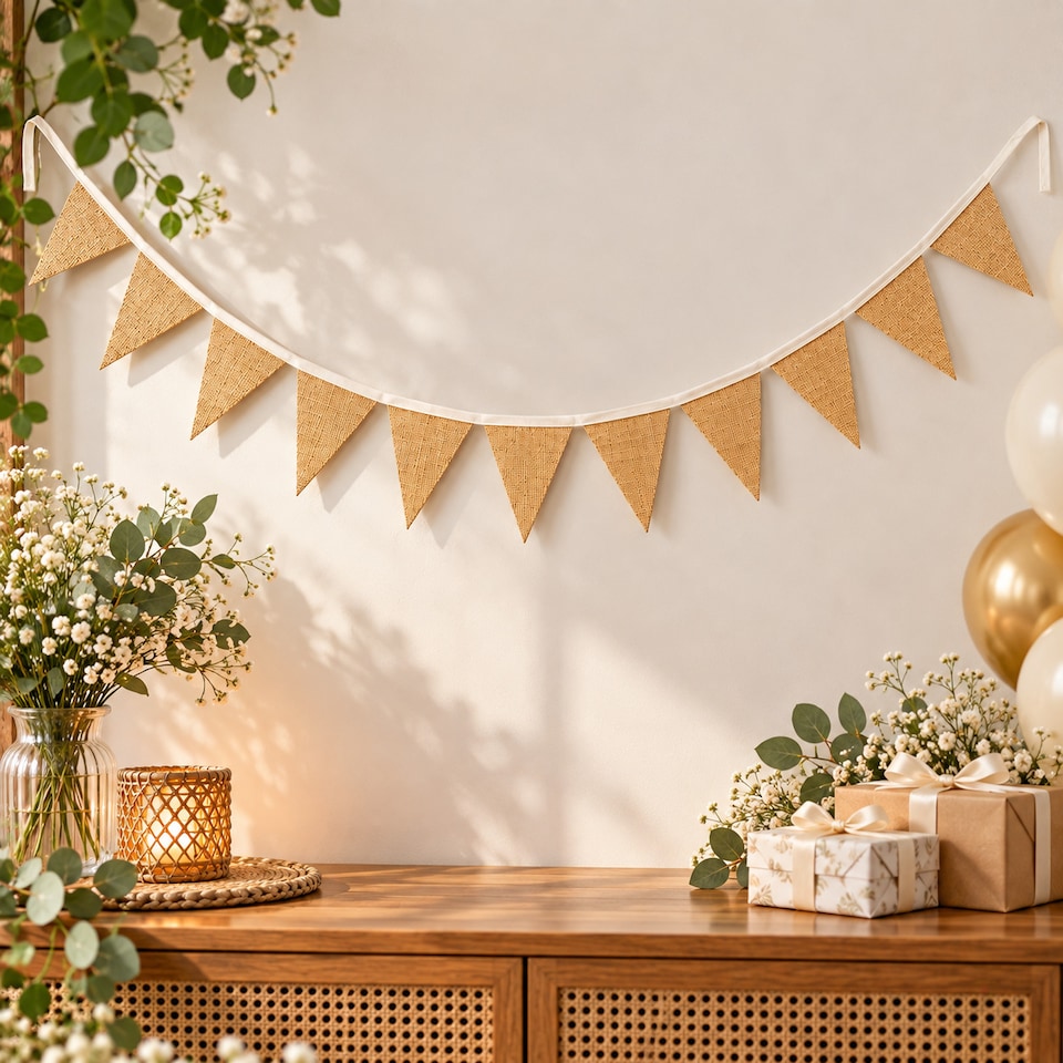 image 1 of Plain With White String Hessian Party Bunting 3m with 14 Pennants