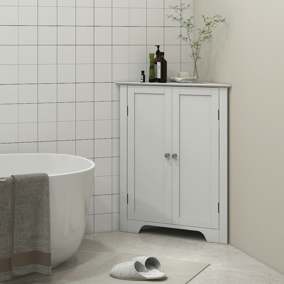 image 1 of kleankin Corner Bathroom Cabinet, Recessed Doors and Adjustable Shelf, White