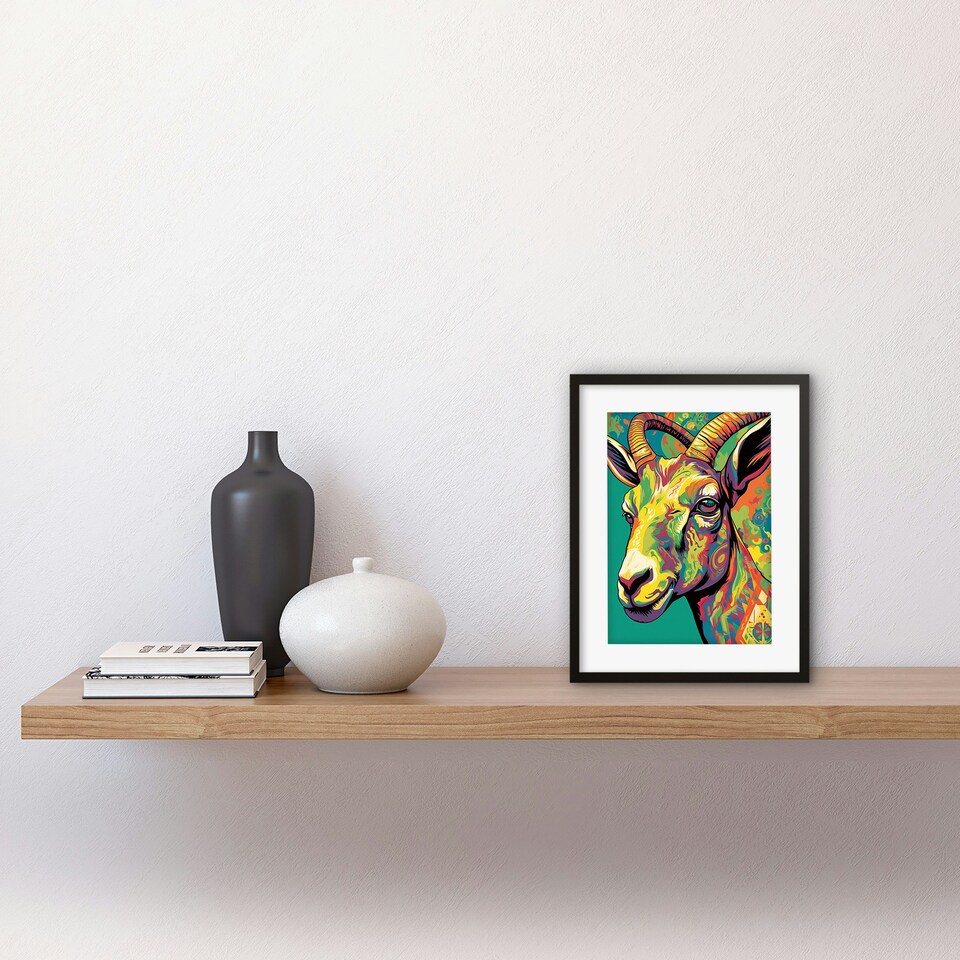 image 1 of Goat Psychedelic Portrait Vibrant Colourful 9x7" Black Framed Wall Art Print